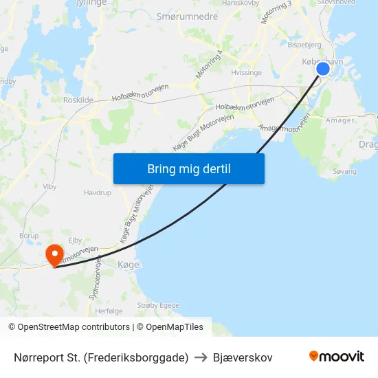 Nørreport St. (Frederiksborggade) to Bjæverskov map