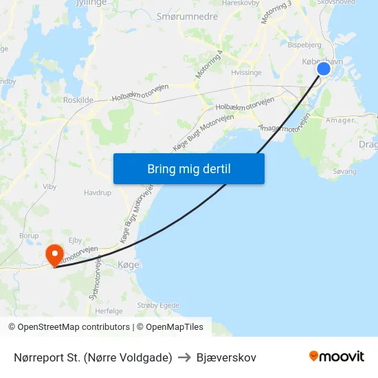 Nørreport St. (Nørre Voldgade) to Bjæverskov map