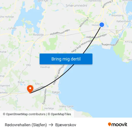 Rødovrehallen (Sløjfen) to Bjæverskov map