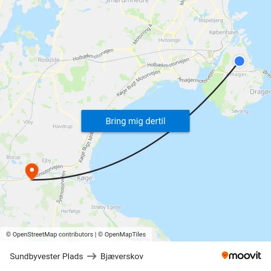 Sundbyvester Plads to Bjæverskov map