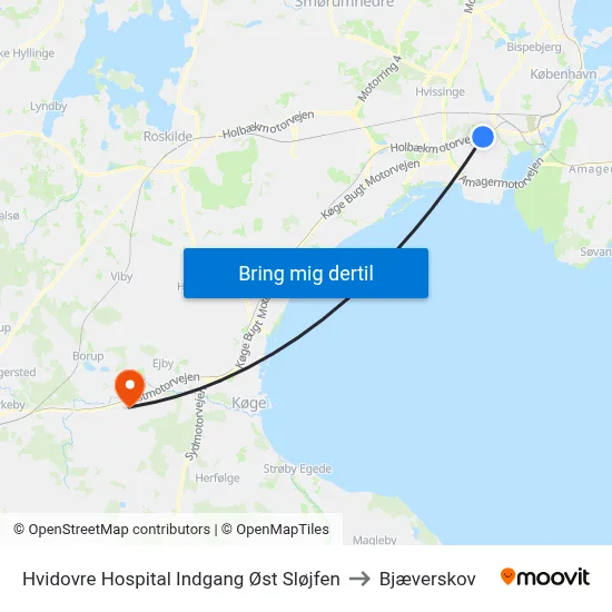 Hvidovre Hospital Indgang Øst Sløjfen to Bjæverskov map