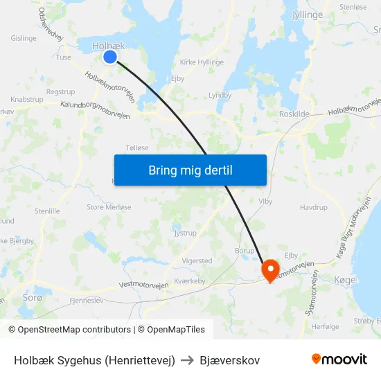 Holbæk Sygehus (Henriettevej) to Bjæverskov map