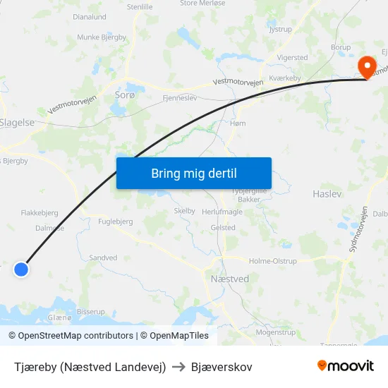 Tjæreby (Næstved Landevej) to Bjæverskov map
