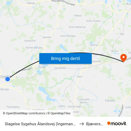 Slagelse Sygehus Ålandsvej (Ingemannsvej) to Bjæverskov map