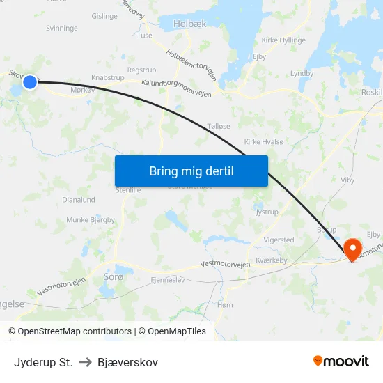 Jyderup St. to Bjæverskov map