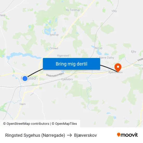 Ringsted Sygehus (Nørregade) to Bjæverskov map