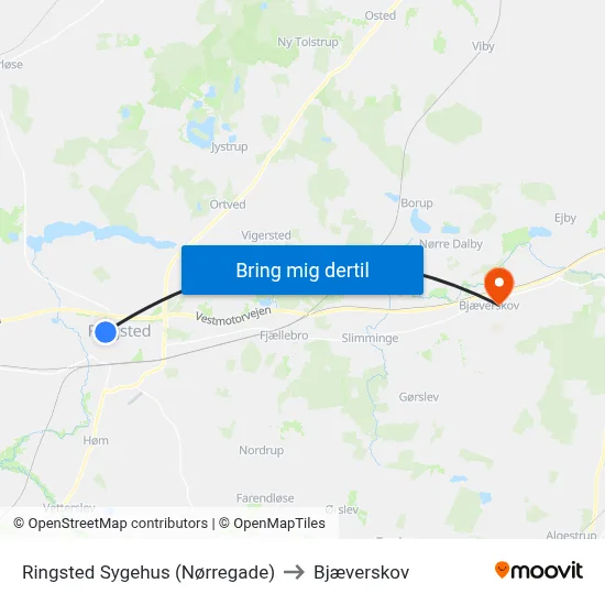 Ringsted Sygehus (Nørregade) to Bjæverskov map