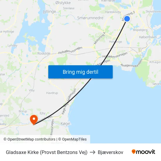 Gladsaxe Kirke (Provst Bentzons Vej) to Bjæverskov map