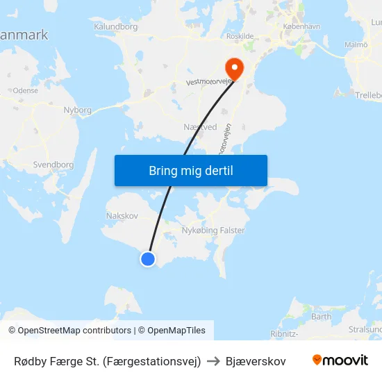 Rødby Færge St. (Færgestationsvej) to Bjæverskov map