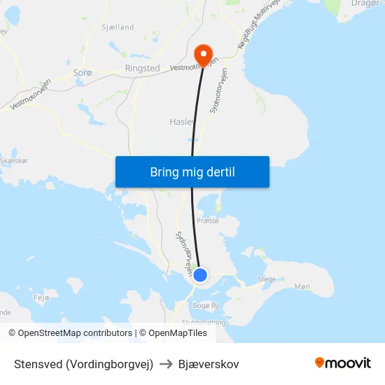 Stensved (Vordingborgvej) to Bjæverskov map