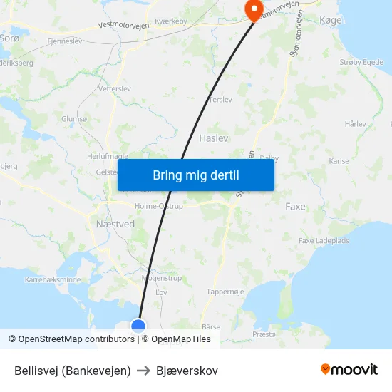 Bellisvej (Bankevejen) to Bjæverskov map