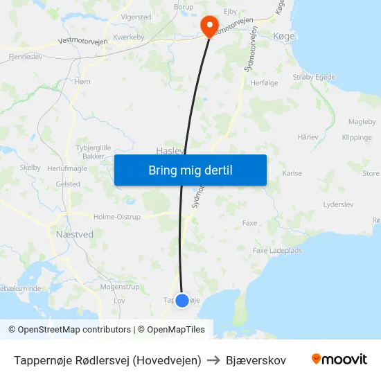 Tappernøje Rødlersvej (Hovedvejen) to Bjæverskov map