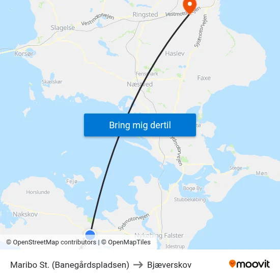 Maribo St. (Banegårdspladsen) to Bjæverskov map
