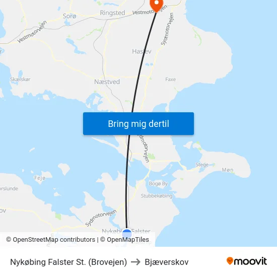 Nykøbing Falster St. (Brovejen) to Bjæverskov map