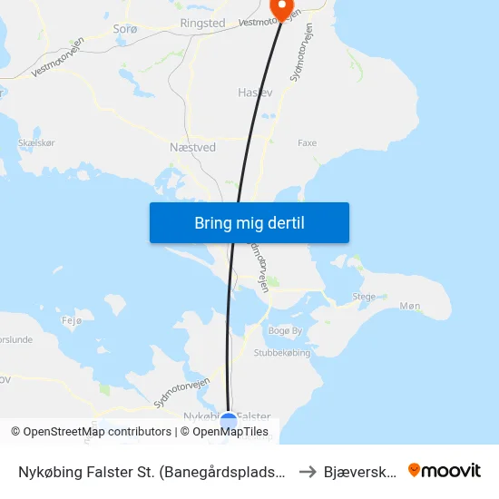 Nykøbing Falster St. (Banegårdspladsen) to Bjæverskov map