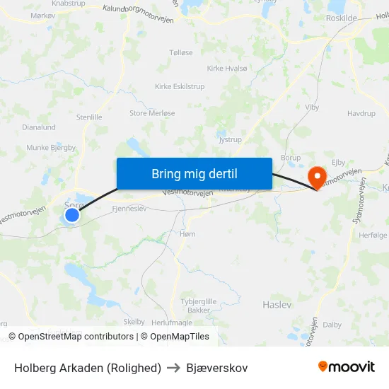 Holberg Arkaden (Rolighed) to Bjæverskov map