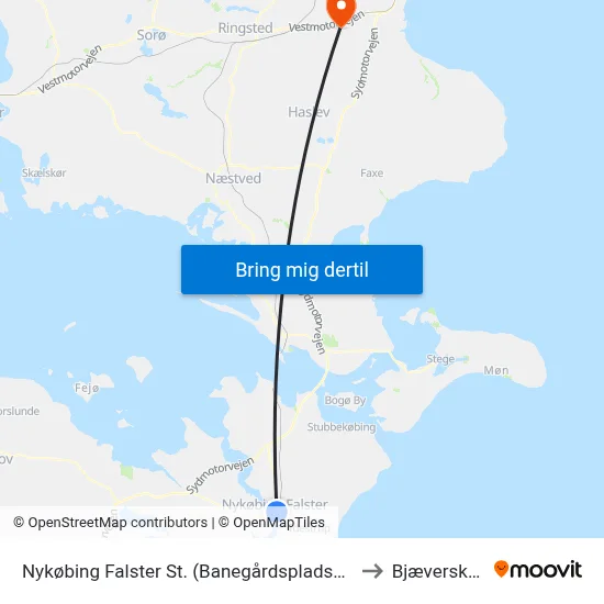 Nykøbing Falster St. (Banegårdspladsen) to Bjæverskov map