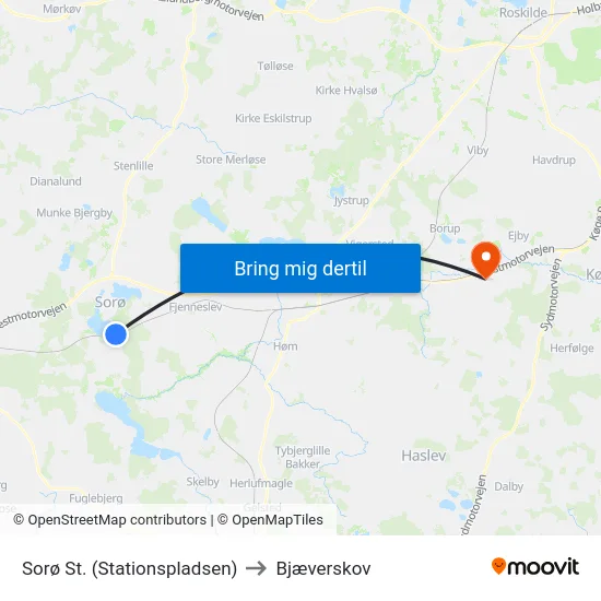 Sorø St. (Stationspladsen) to Bjæverskov map