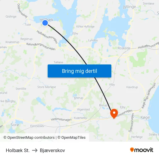 Holbæk St. to Bjæverskov map