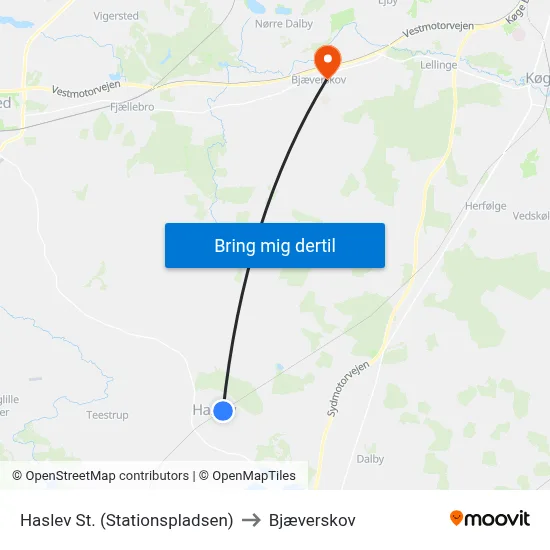 Haslev St. (Stationspladsen) to Bjæverskov map
