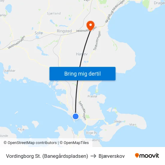 Vordingborg St. (Banegårdspladsen) to Bjæverskov map