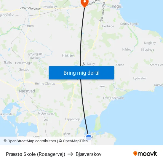 Præstø Skole (Rosagervej) to Bjæverskov map