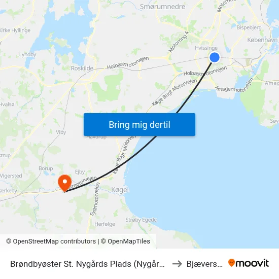 Brøndbyøster St. Nygårds Plads (Nygårds Plads) to Bjæverskov map