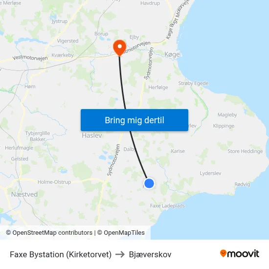 Faxe Bystation (Kirketorvet) to Bjæverskov map