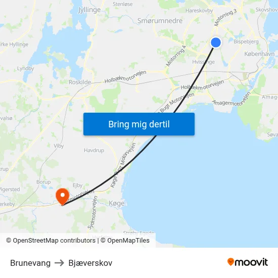 Brunevang to Bjæverskov map