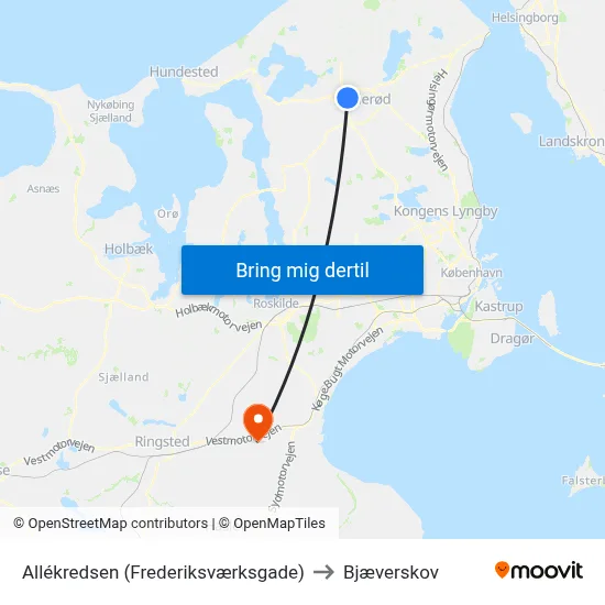 Allékredsen (Frederiksværksgade) to Bjæverskov map