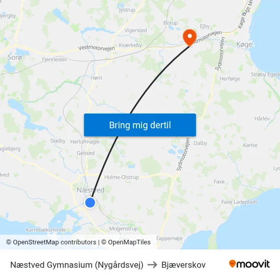 Næstved Gymnasium (Nygårdsvej) to Bjæverskov map