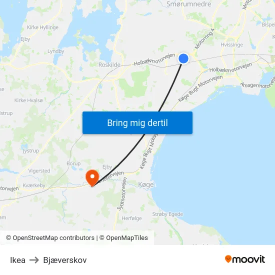 Ikea to Bjæverskov map