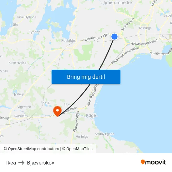 Ikea to Bjæverskov map