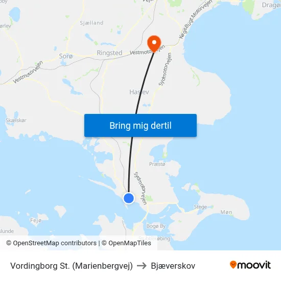 Vordingborg St. (Marienbergvej) to Bjæverskov map