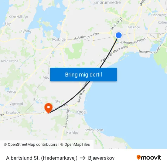 Albertslund St. (Hedemarksvej) to Bjæverskov map
