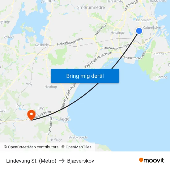 Lindevang St. (Metro) to Bjæverskov map