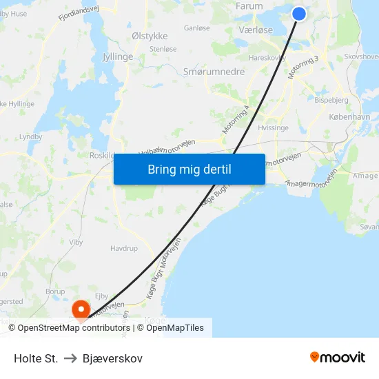 Holte St. to Bjæverskov map
