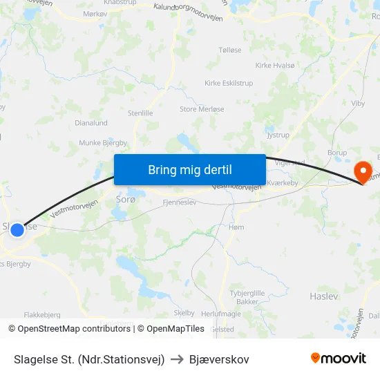 Slagelse St. (Ndr.Stationsvej) to Bjæverskov map