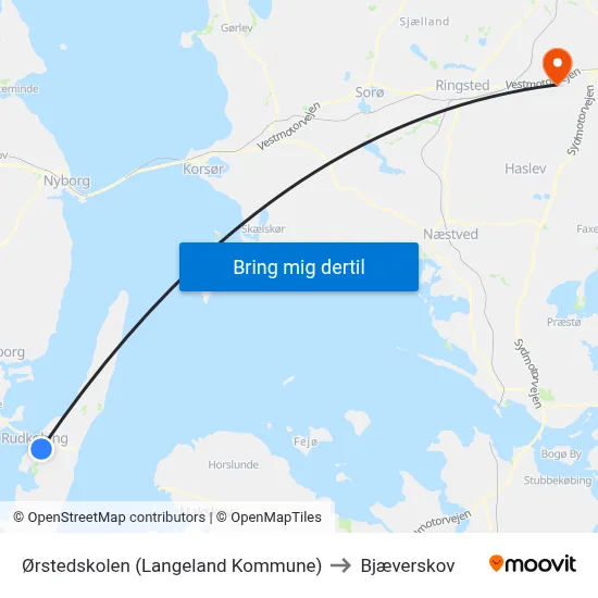 Ørstedskolen (Langeland Kommune) to Bjæverskov map