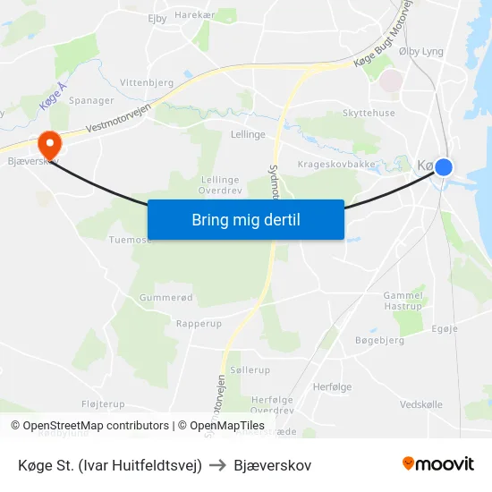 Køge St. (Ivar Huitfeldtsvej) to Bjæverskov map