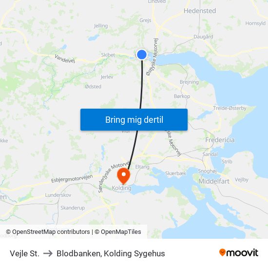 Vejle St. to Blodbanken, Kolding Sygehus map