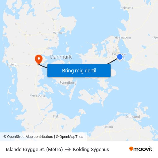Islands Brygge St. (Metro) to Kolding Sygehus map