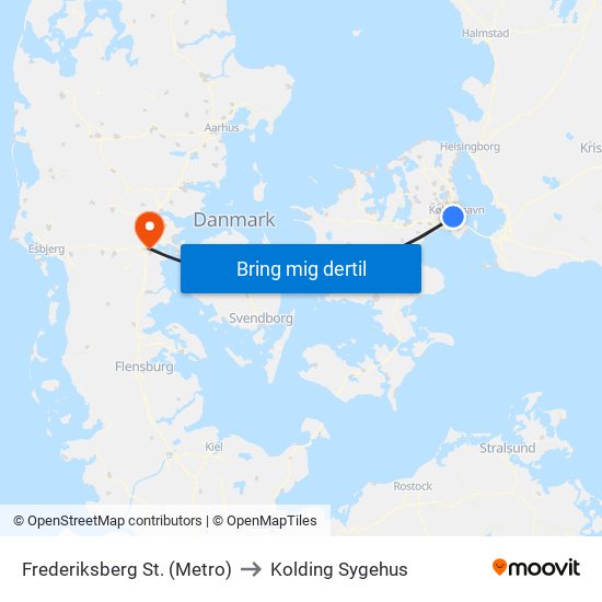 Frederiksberg St. (Metro) to Kolding Sygehus map