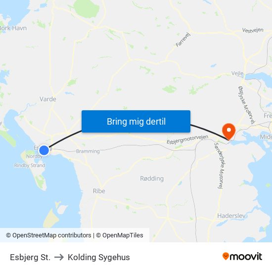 Esbjerg St. to Kolding Sygehus map