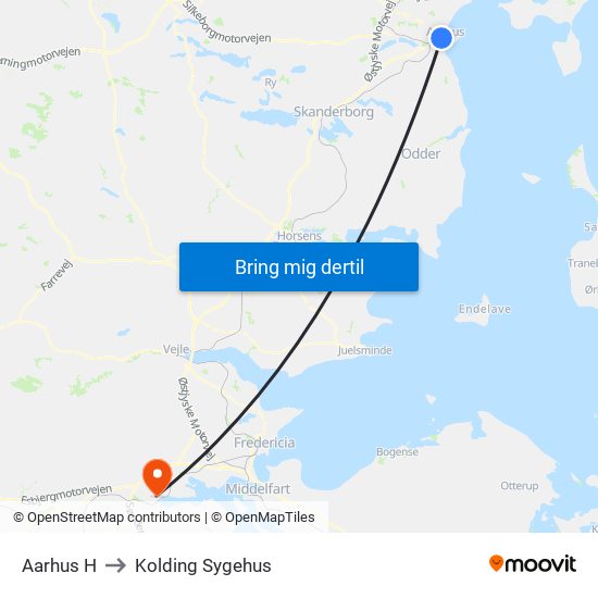 Aarhus H to Kolding Sygehus map
