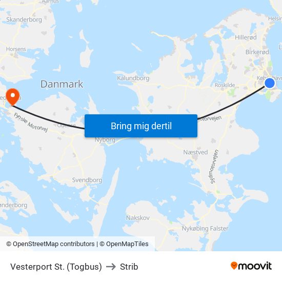 Vesterport St. (Togbus) to Strib map