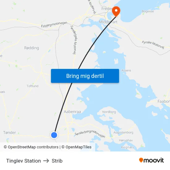 Tinglev Station to Strib map
