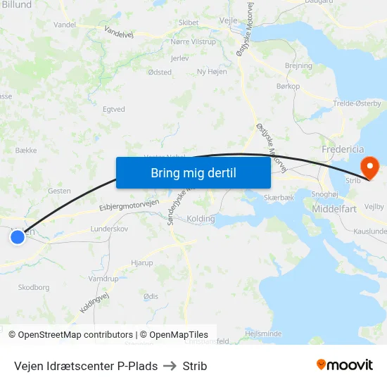Vejen Idrætscenter P-Plads to Strib map