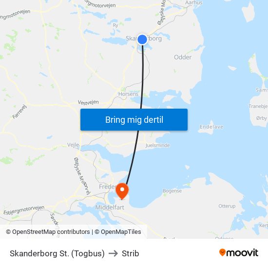 Skanderborg St. (Togbus) to Strib map