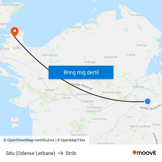 Sdu (Odense Letbane) to Strib map